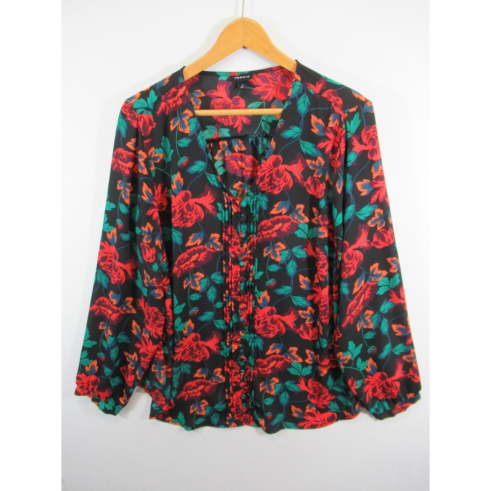 Torrid Georgette Pleated Floral Blouse Plus Size 2X Long Sleeve V-neck